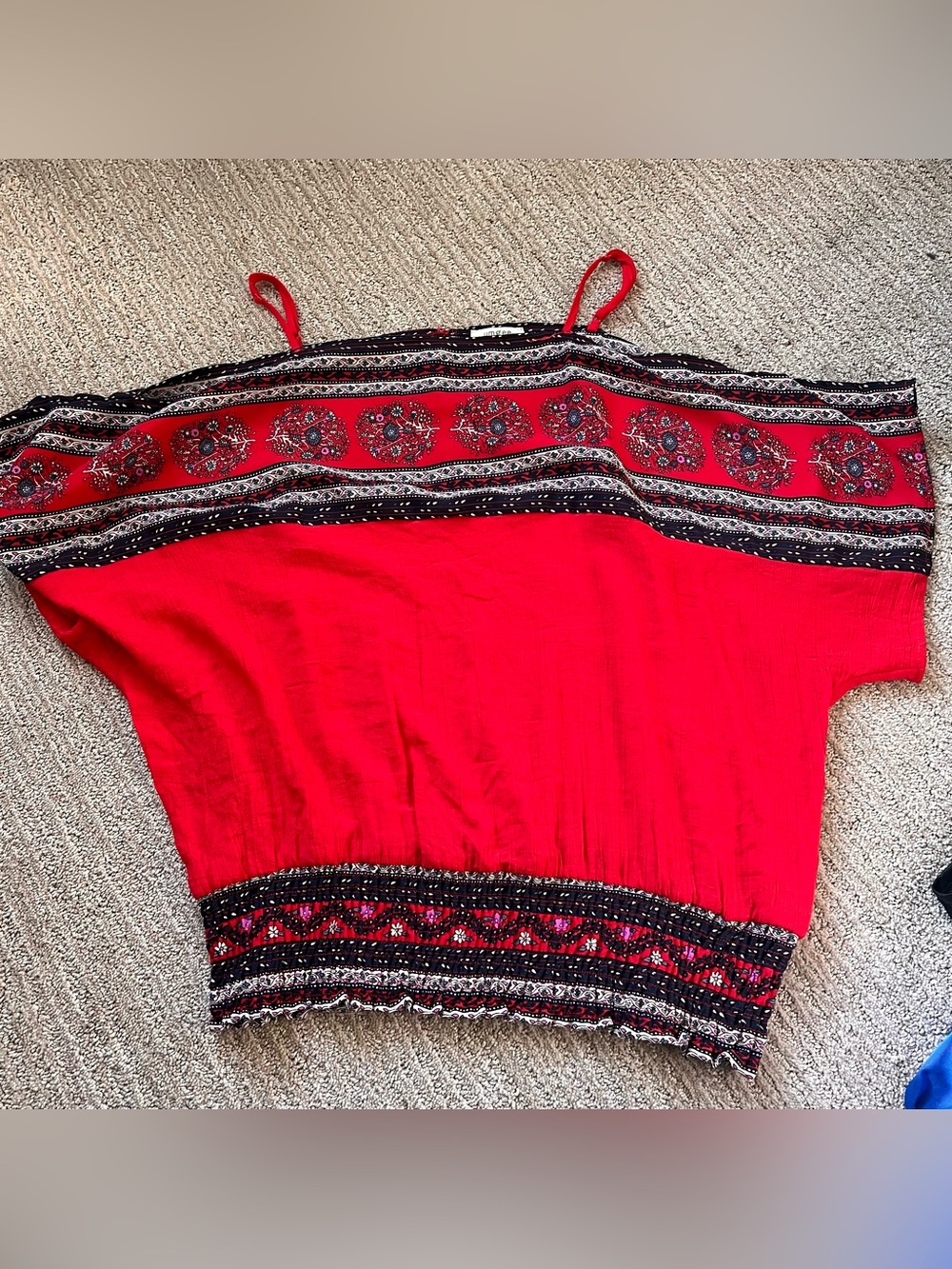 Umgee Red Boho Print Smocked Cold-Shoulder Top